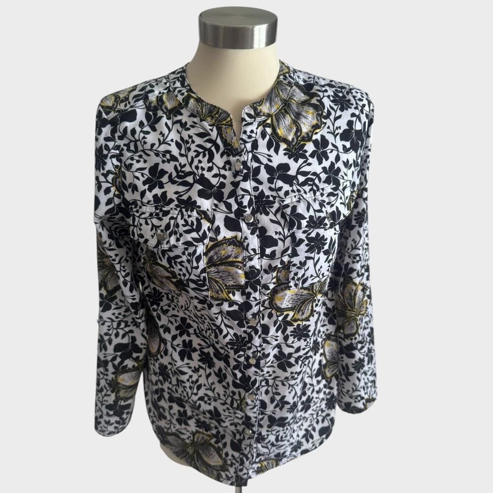 Notations Petite Medium PM Button Front Blouse Black White Yellow Floral